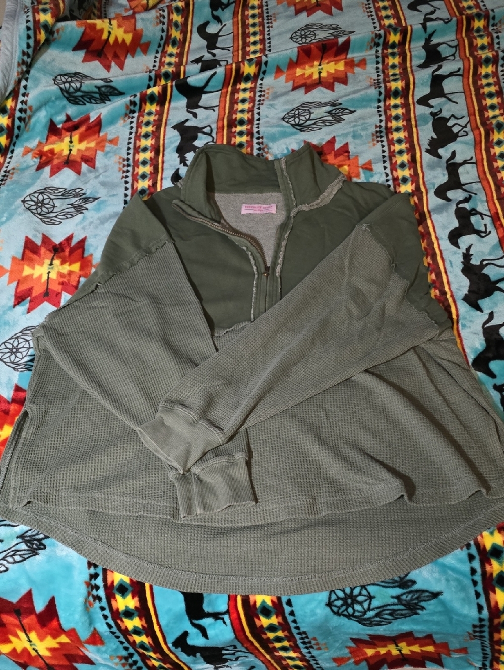 Olive Green Waffle Quarter-Zip Pullover Oversized.